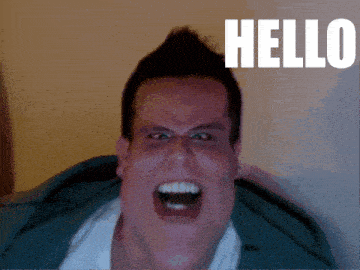 a man with his mouth open and the word hello behind him