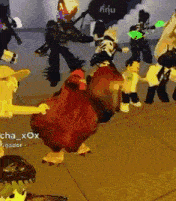 a group of people are dancing in a room with a chicken in the foreground .