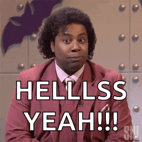 a man in a red suit says hellss yeah !!