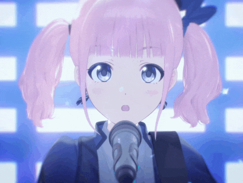 a girl with pink hair is holding a microphone