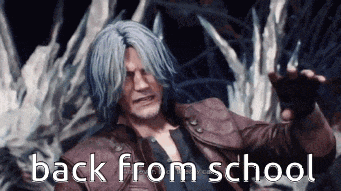 a man with long hair is holding a knife and says back from school