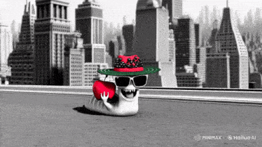 a cartoon worm wearing sunglasses and a red hat holds a heart