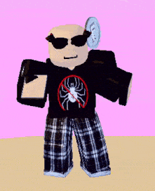 a cartoon character wearing sunglasses and plaid pants has a spider on his shirt .