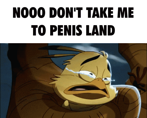 a cartoon duck is crying with the words nooo don t take me to penis land