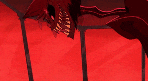a cartoon drawing of a monster with a red background and a black hand
