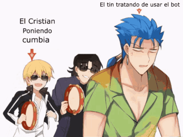 a cartoon of three men holding tambourines with the caption el cristian poniendo cumbia on the bottom