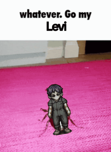 a pixel art of a boy standing on a pink rug with the words whatever go my levi