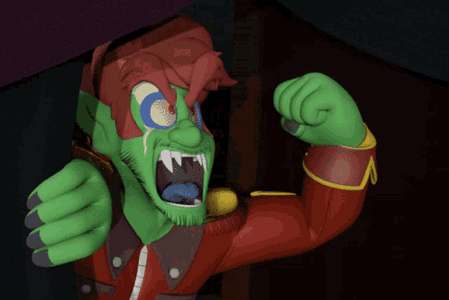 a cartoon character with a green face and red hair is making a funny face