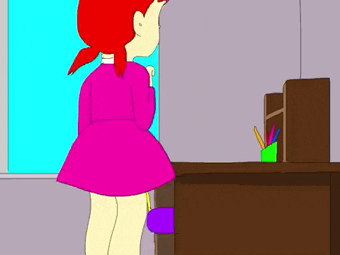 a cartoon girl in a pink dress is standing in front of a desk