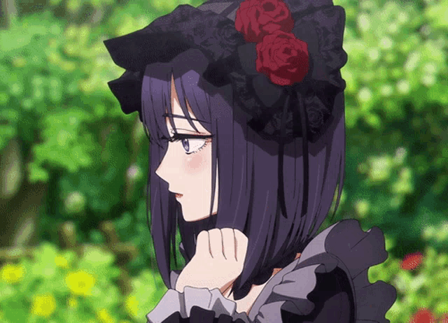 a girl with purple hair wearing a black hat with red roses on it