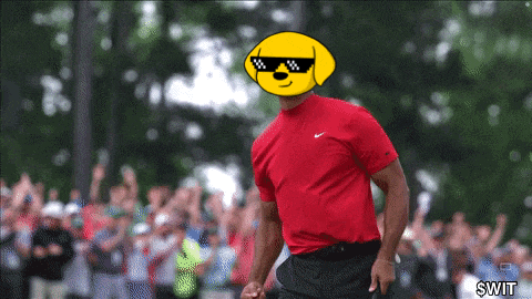 a man wearing a red shirt with a yellow dog on his face and the word swit on the bottom right