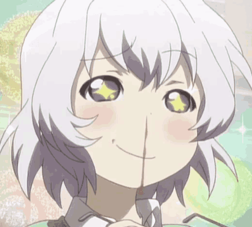 a girl with white hair and a star in her eyes is smiling