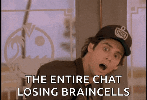 a man wearing a hat that says fox on it says the entire chat losing braincells