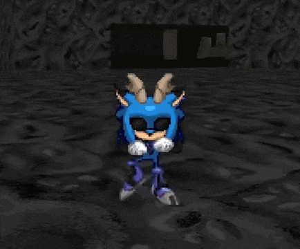 a cartoon character with horns is standing in a dark room