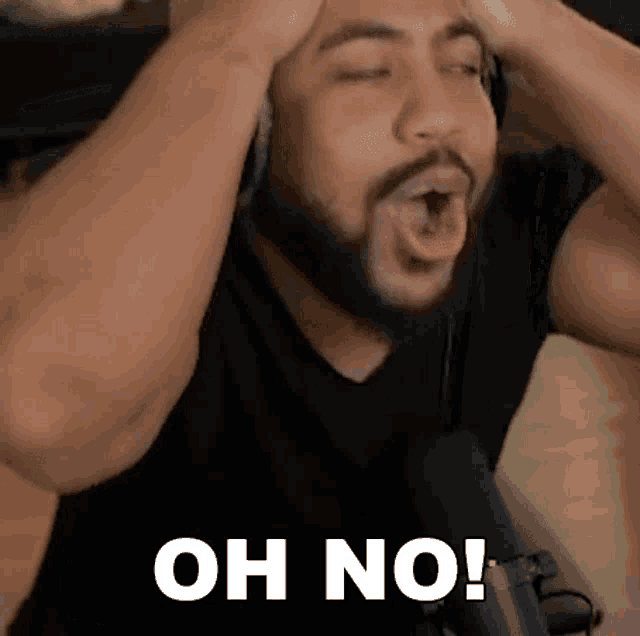 a man with a beard is wearing headphones and making a funny face with the words oh no written above him .
