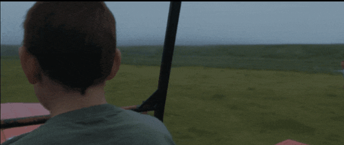 a man in a green shirt is looking out a car window
