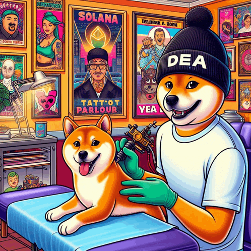 a doge wearing a dea hat is tattooing a dog
