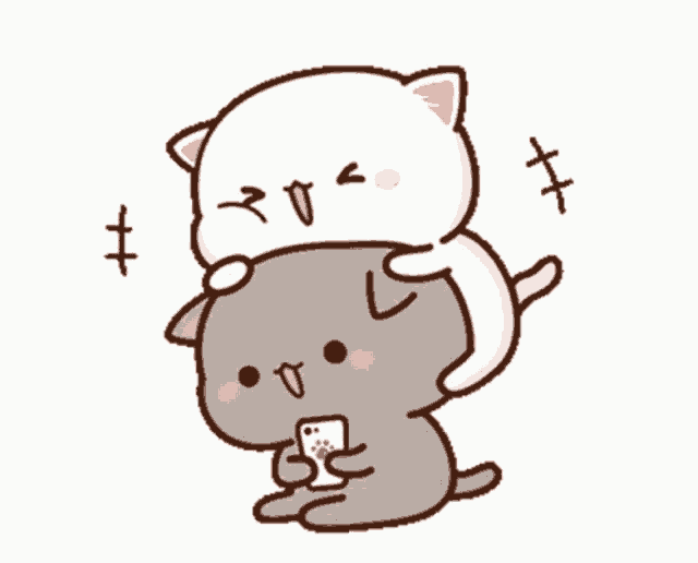 two cartoon cats are hugging each other and one is holding a cell phone .