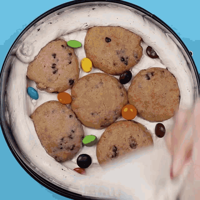 a plate of cookies and m & m 's on a blue background