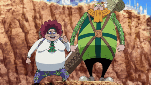 two cartoon characters are standing next to each other on a rocky hillside