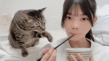 a girl is eating a bowl of food with chopsticks while a cat is standing next to her .