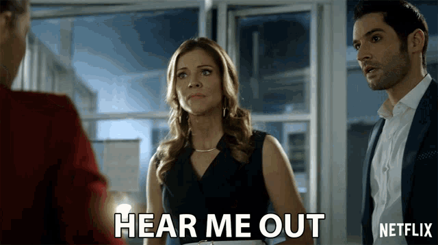 a netflix ad shows a man and a woman standing next to each other and says hear me out