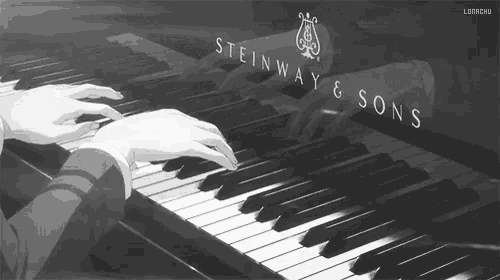 a person playing a steinway & sons piano in black and white