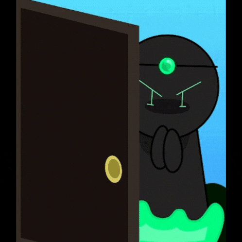a cartoon character is peeking out of a doorway