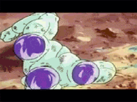 a cartoon character with purple balls on its feet