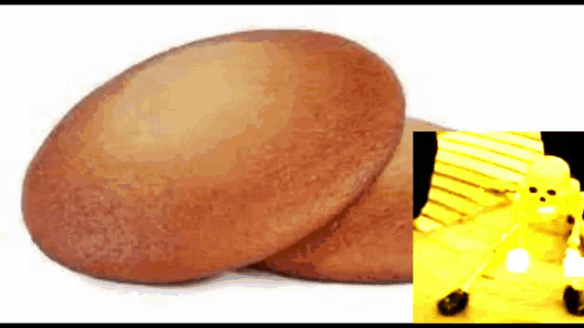 a close up of a cookie next to a picture of a yellow toy