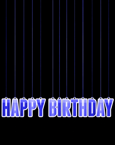 pink and white happy birthday letters hanging from strings on a black background