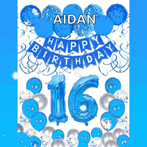 a poster for a 16th birthday with blue balloons and a banner that says happy birthday
