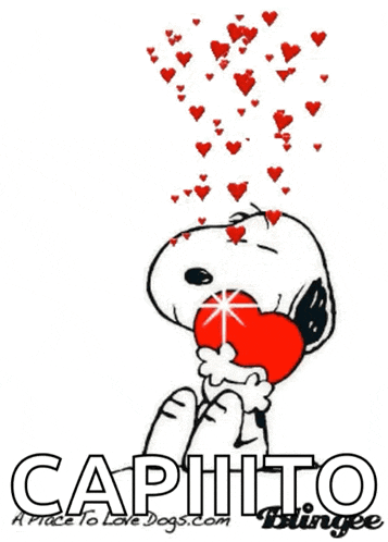 a cartoon of snoopy holding a heart with hearts coming out of it