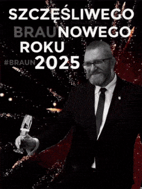 a man in a suit holds a glass of champagne in front of fireworks
