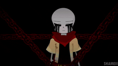a skeleton with red eyes and a red scarf around his neck is smiling .