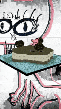a drawing of a cake on a plate with trees on it