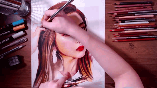a person is drawing a woman 's face with colored pencils and markers including one that says uni