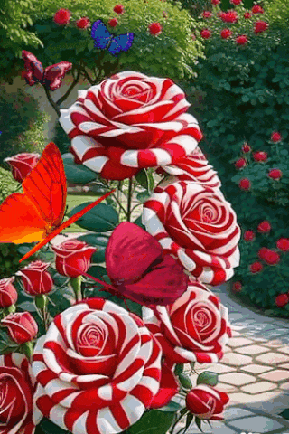 a painting of red and white striped roses with a butterfly in the background .