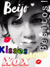 a black and white photo of a woman with the words beijo kisses and xoxo on it