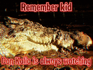 a picture of a crocodile with the words " remember kid don kalia is always watching "