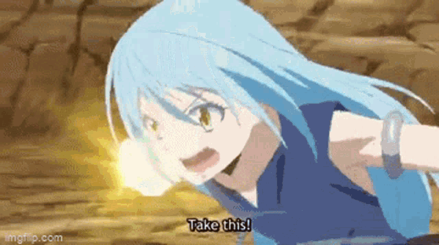 a girl with blue hair and yellow eyes is holding a sword and says `` take this ! ''