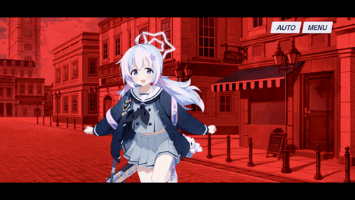 a girl in a school uniform is running down a street in front of a building that has the word stop on it