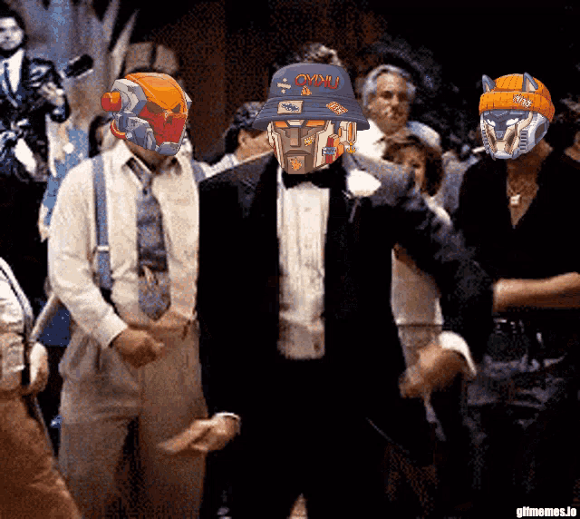 a man in a tuxedo is wearing a helmet that says ovni