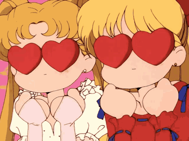 two cartoon characters wearing heart shaped glasses