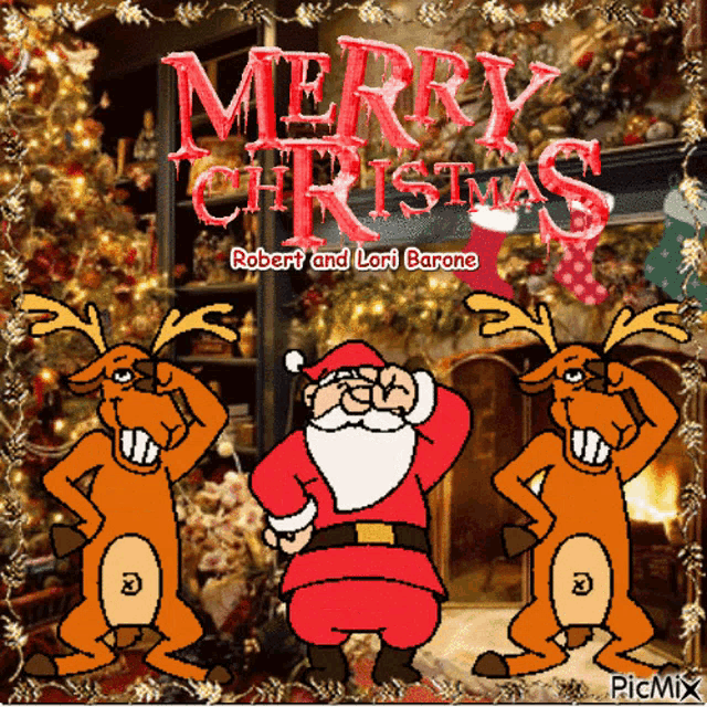 a merry christmas greeting card with santa and two reindeer