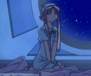 a girl in a blue dress is sitting on a bed under a starry night sky