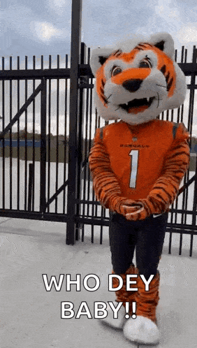 a mascot dressed as a tiger is standing in front of a fence and says `` who dey baby '' .