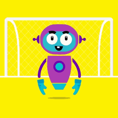 a cartoon robot is catching a soccer ball in front of a goal