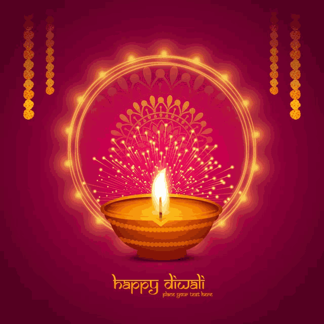 a greeting card for diwali with a candle in a bowl