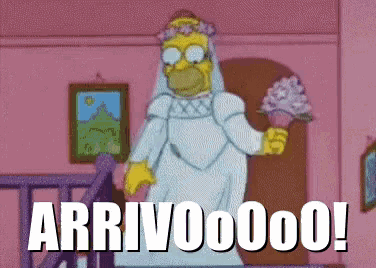 a cartoon of homer simpson dressed as a bride with the words arrivoooo written below him